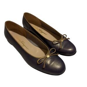 Vintage Salvatore Ferragamo Ballet Flats Bow Metallic Size 9 B